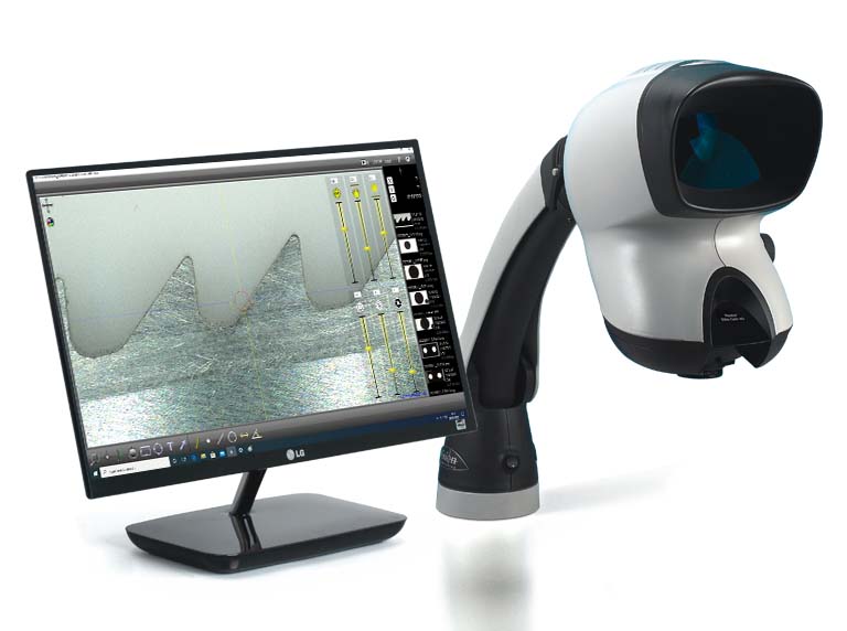 Mantis Elite Cam HD microscope next to monitor with DimensionTwo software