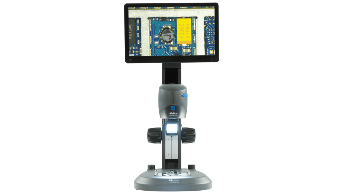 Microscopio digital compacto VE Cam con monitor montado sobre soporte de mesa