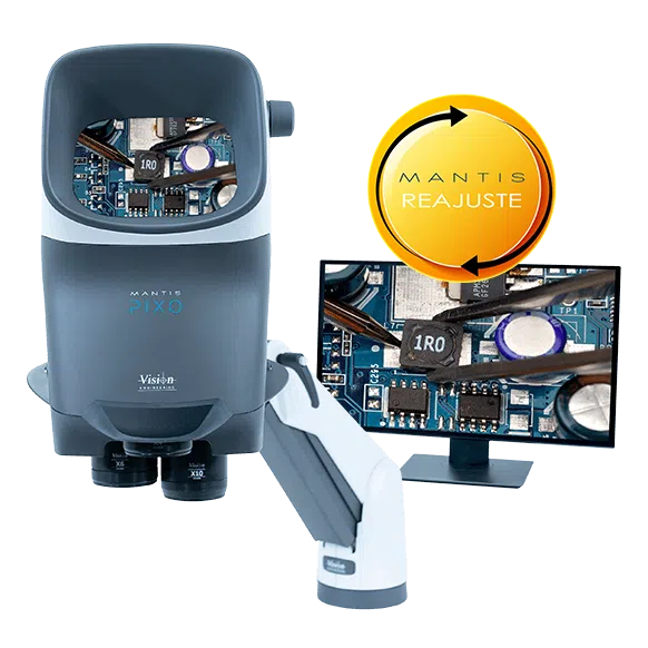  Microscopio estéreomicrosopio Mantis PIXO que muestra la reelaboración de PCB en el monitor