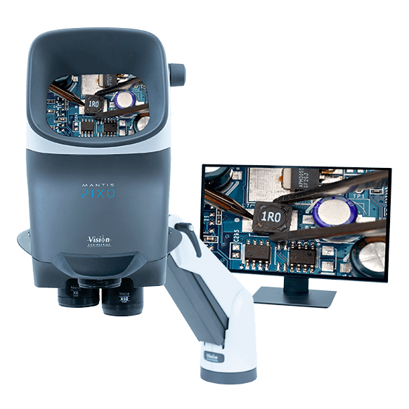 Mantis PIXO ergonomic stereo microscope with camera displaying PCB on monitor