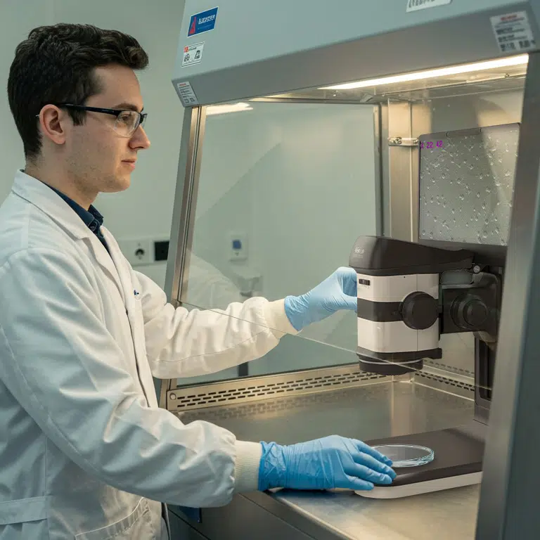 ProteQ VISO 3D digital stereo microscope operated by man in a laminar flow cabinet