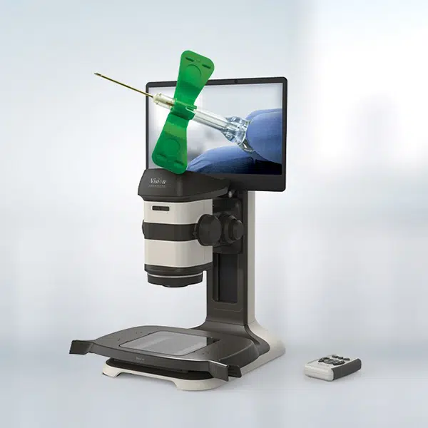 ProteQ VISO 3D digital stereo microscope inspecting a medical device