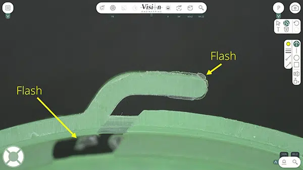 AURA-SS-Annotation-Plastic-Flash-600×338 Anotación en un componente de plástico que muestra rebaba.